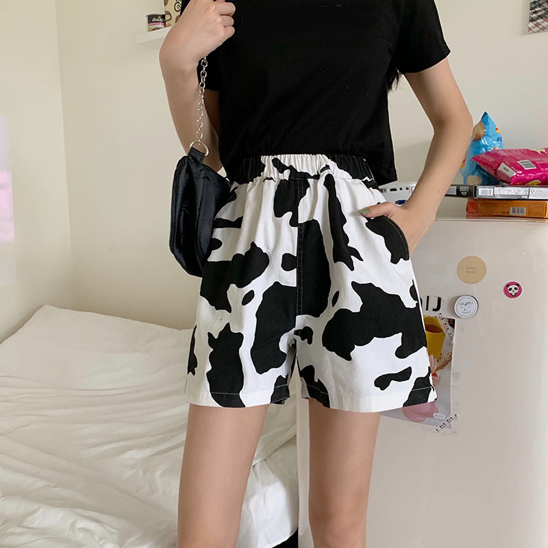 High Waist Cow Pattern Casual Shorts Pants