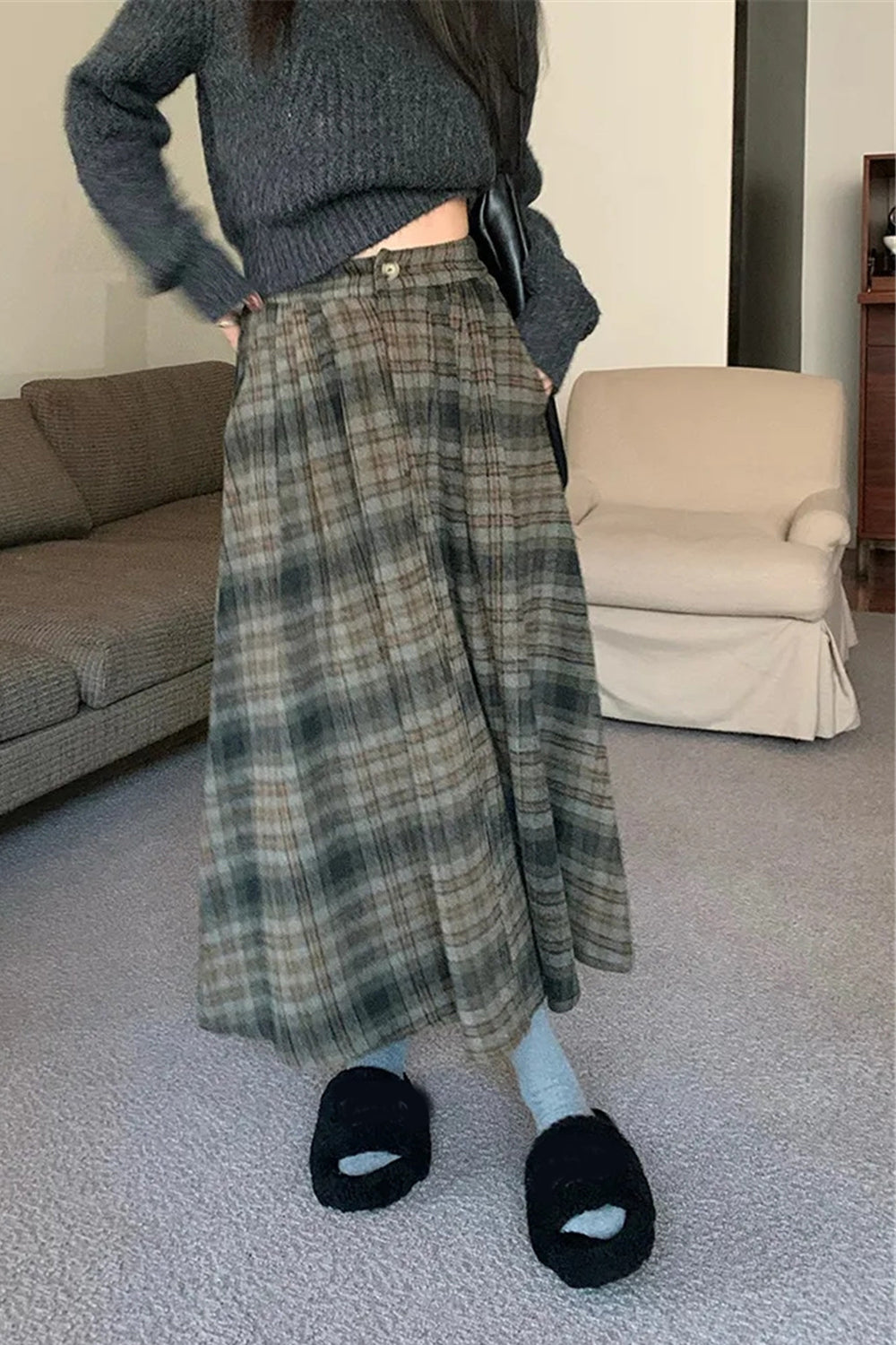 High Waist Thick A-Line Plaid Pleated Skirts