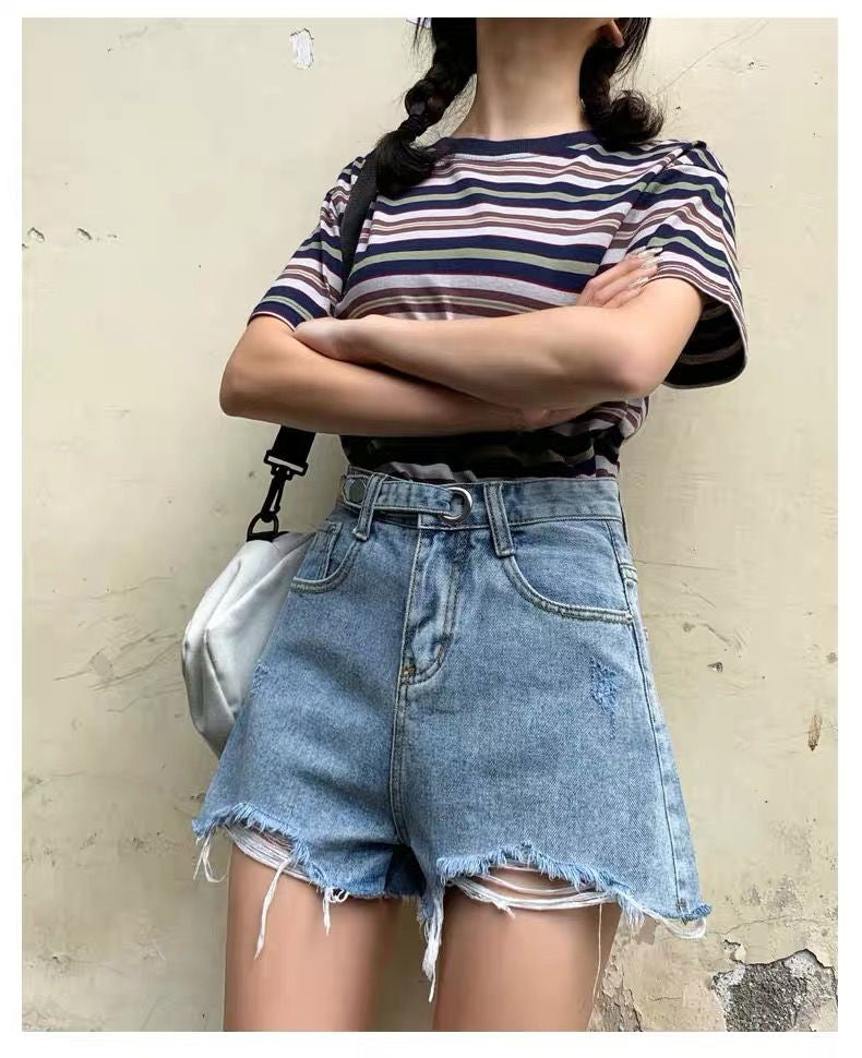 High Waist Trendy Button Ripped Shorts Jeans