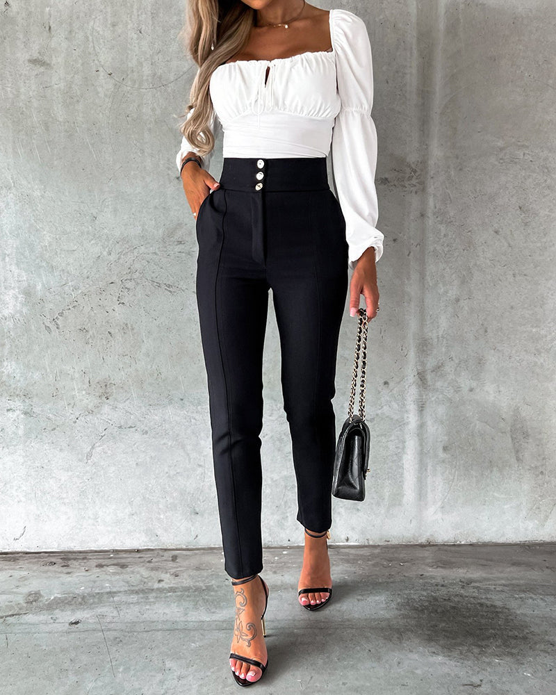 Long-sleeved Strappy Top and Pants Two-piece Suit