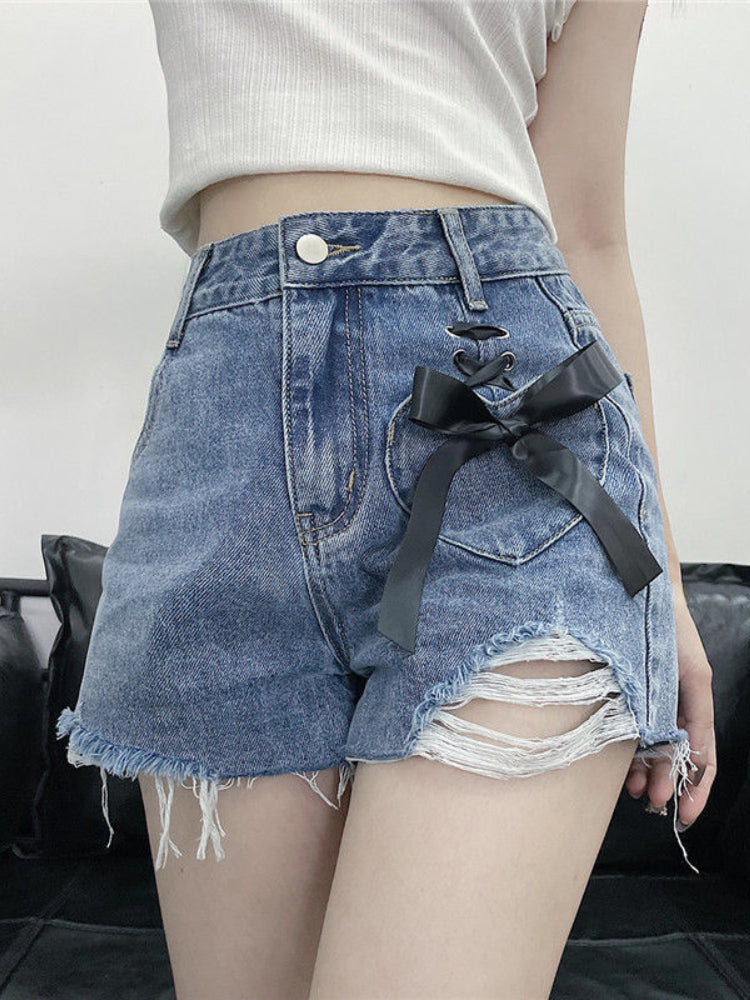 High Waist Extra Bow Denim Shorts Jeans