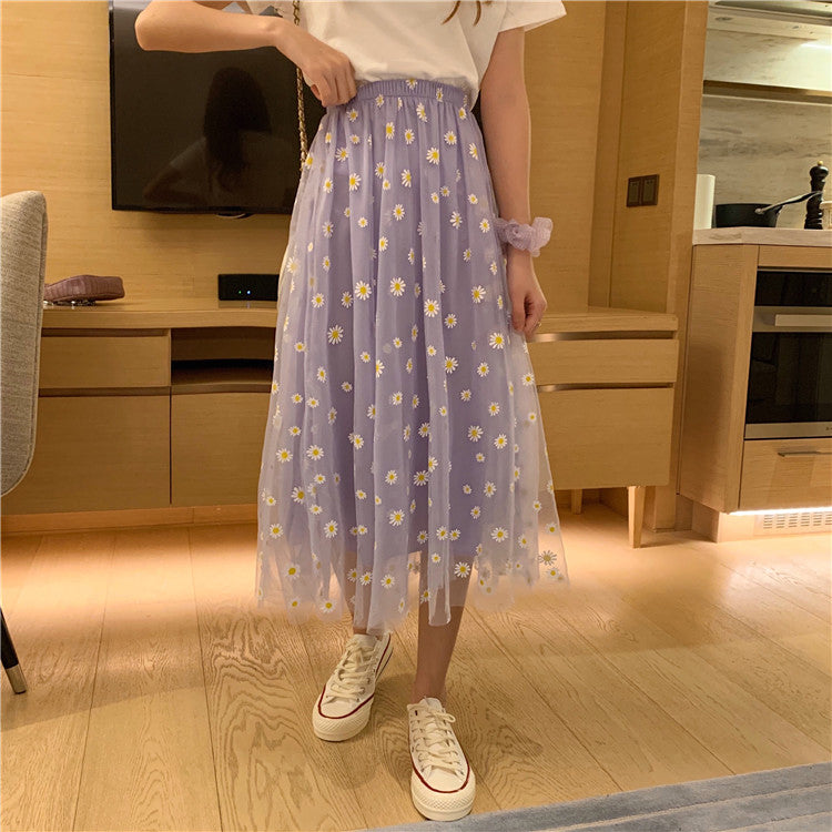 High Waist Daisy Printed Mesh Transparent A- Line Skirt