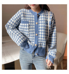 Houndstooth Pattern Long Sleeve Elegant Knitted Cardigan Sweater