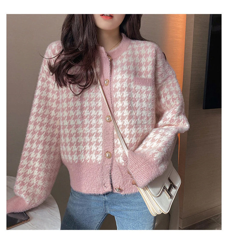 Houndstooth Pattern Long Sleeve Elegant Knitted Cardigan Sweater