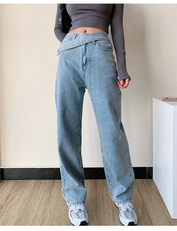 High Waist Irregular Zipper Button Wide Leg Jeans Pants