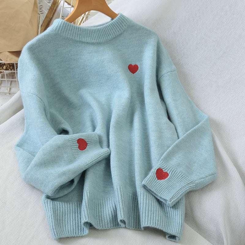 Little Heart Embroidery O-Neck Sweater