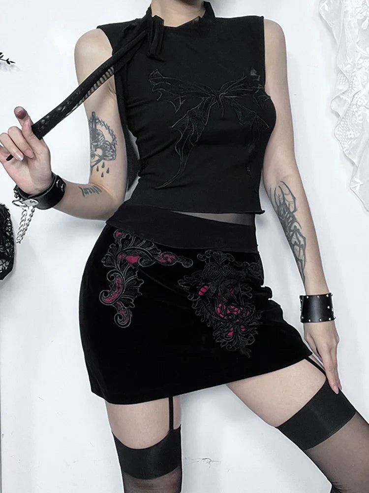 AltGoth Aesthetic Y2K Dark Gothic Butterfly Printed Lace-up Fairycore Indie Grunge Streetwear Crop Top