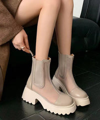 Apricot Stylish Hollow Out Breathable Tulle Splicing Chunky Boots JJ050