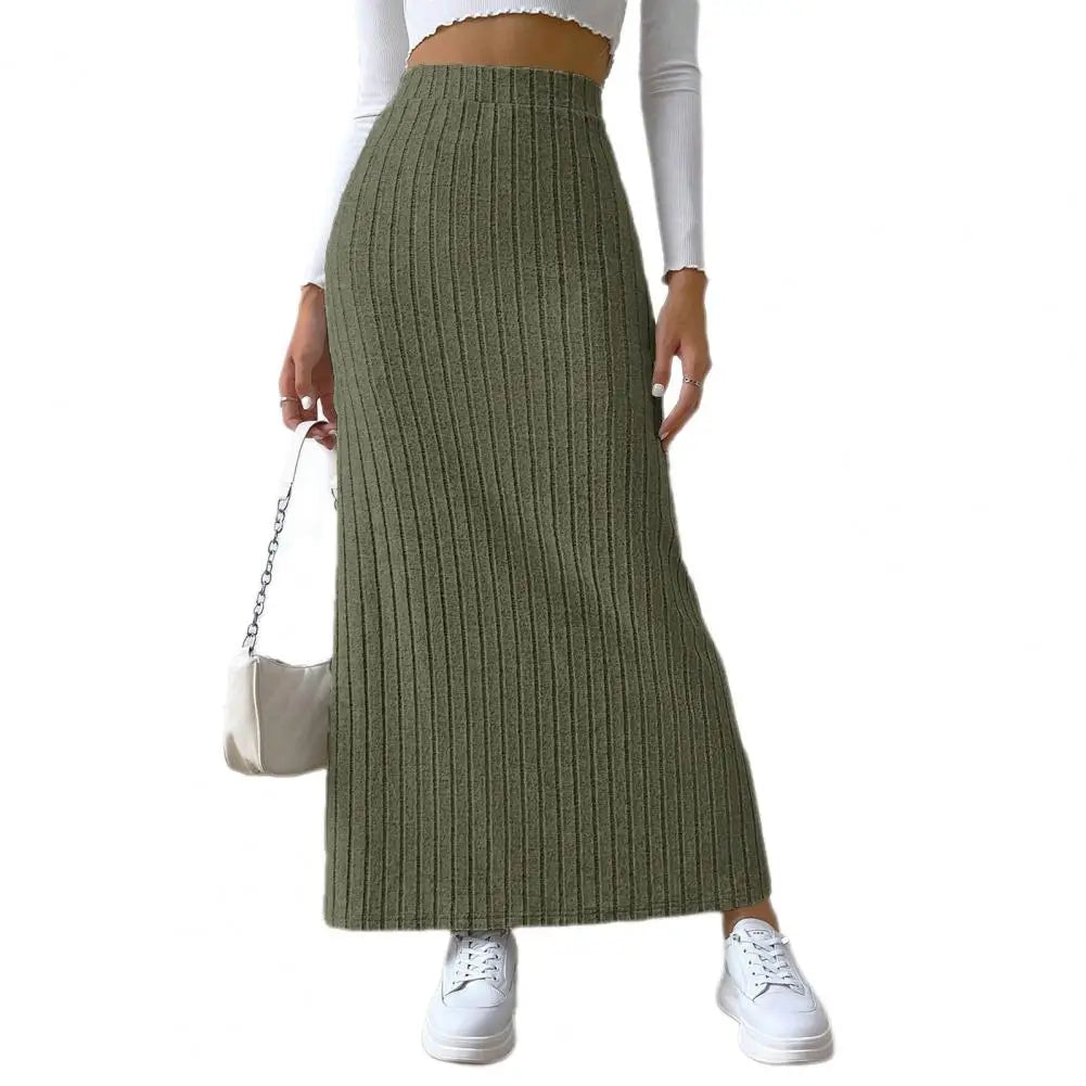 Elegant Maxi Ribbed High Waist Side Slit Slim Skirt