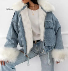 Autumn Winter Warm Faux Fur Short Denim Thicken Ladies Fashion Jackets