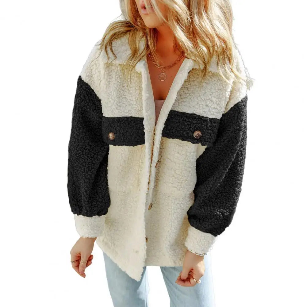 Lapel Pockets Long Sleeve Single Breasted Color Block Furry Autumn Winter Coats