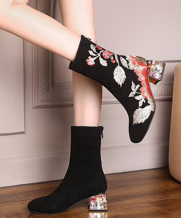 Beautiful Black Zircon Embroidered Suede Chunky Boots RT1074