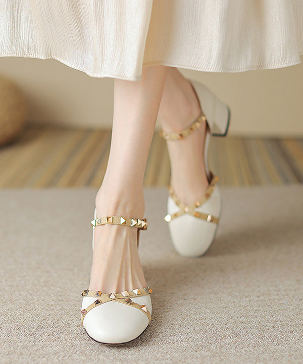 Beige Buckle Strap Cowhide Leather Rivet Baotou Sandals RT1047