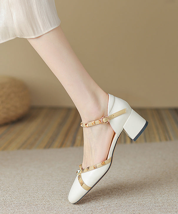 Beige Buckle Strap Cowhide Leather Rivet Baotou Sandals RT1047