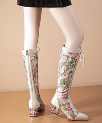 Beige Zircon Splicing Lace Up Genuine Leather Chunky Knee Boots RT1069