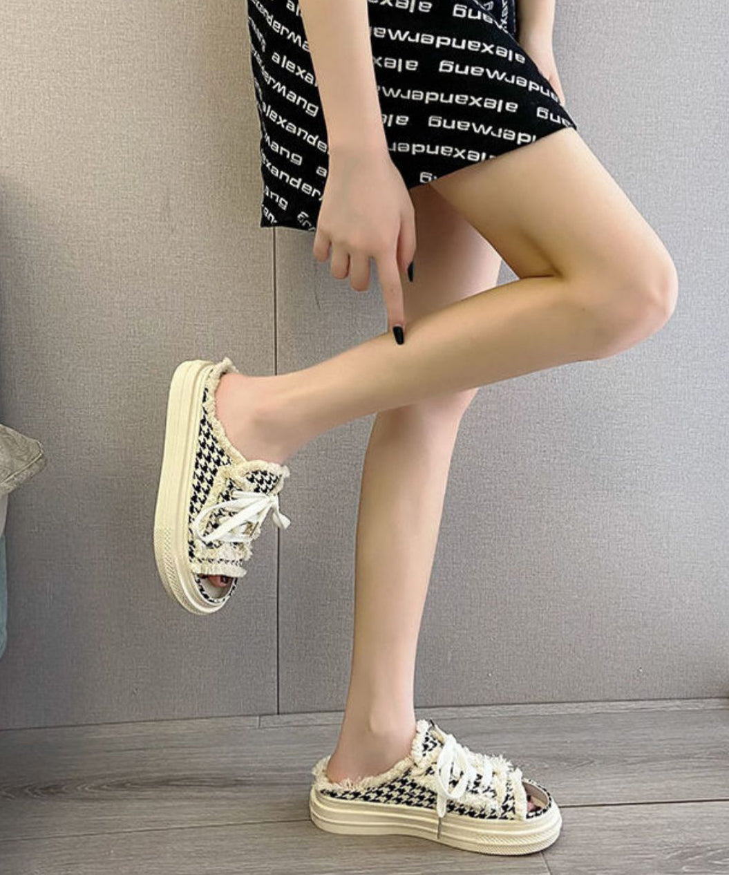 Black Platform Casual Splicing Tassel Lace Up Slide Sandals JJ033