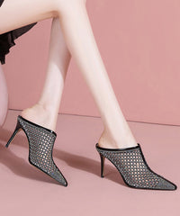 Black Tulle Zircon Stiletto Stylish Splicing Slide Sandals CZ1049