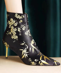 Chinese Style Handmade Embroidered Pointed Toe Slim Heel Short Boots CZ1023