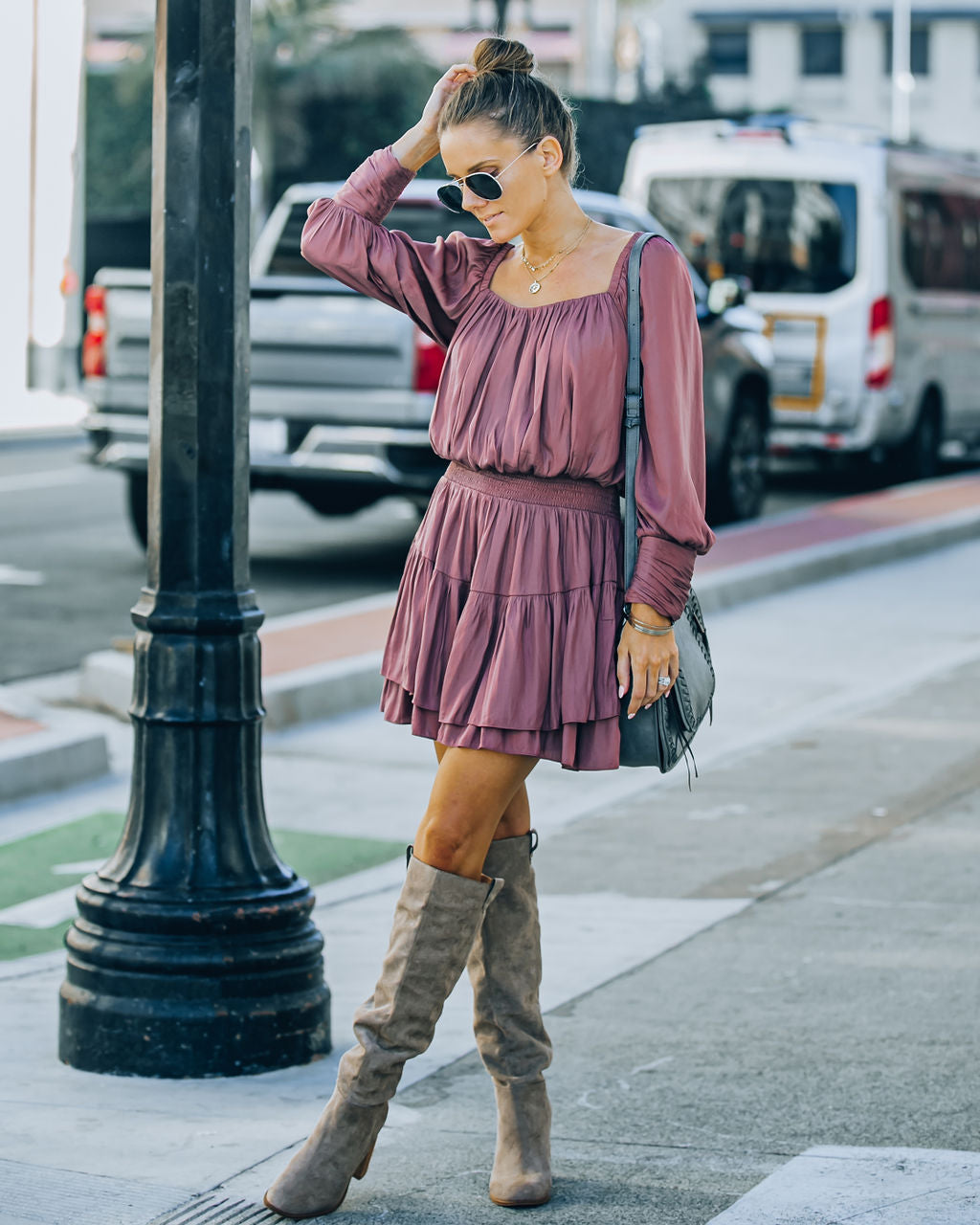 Ayla Smocked Ruffle Mini Dress - Dark Mauve - FINAL SALE