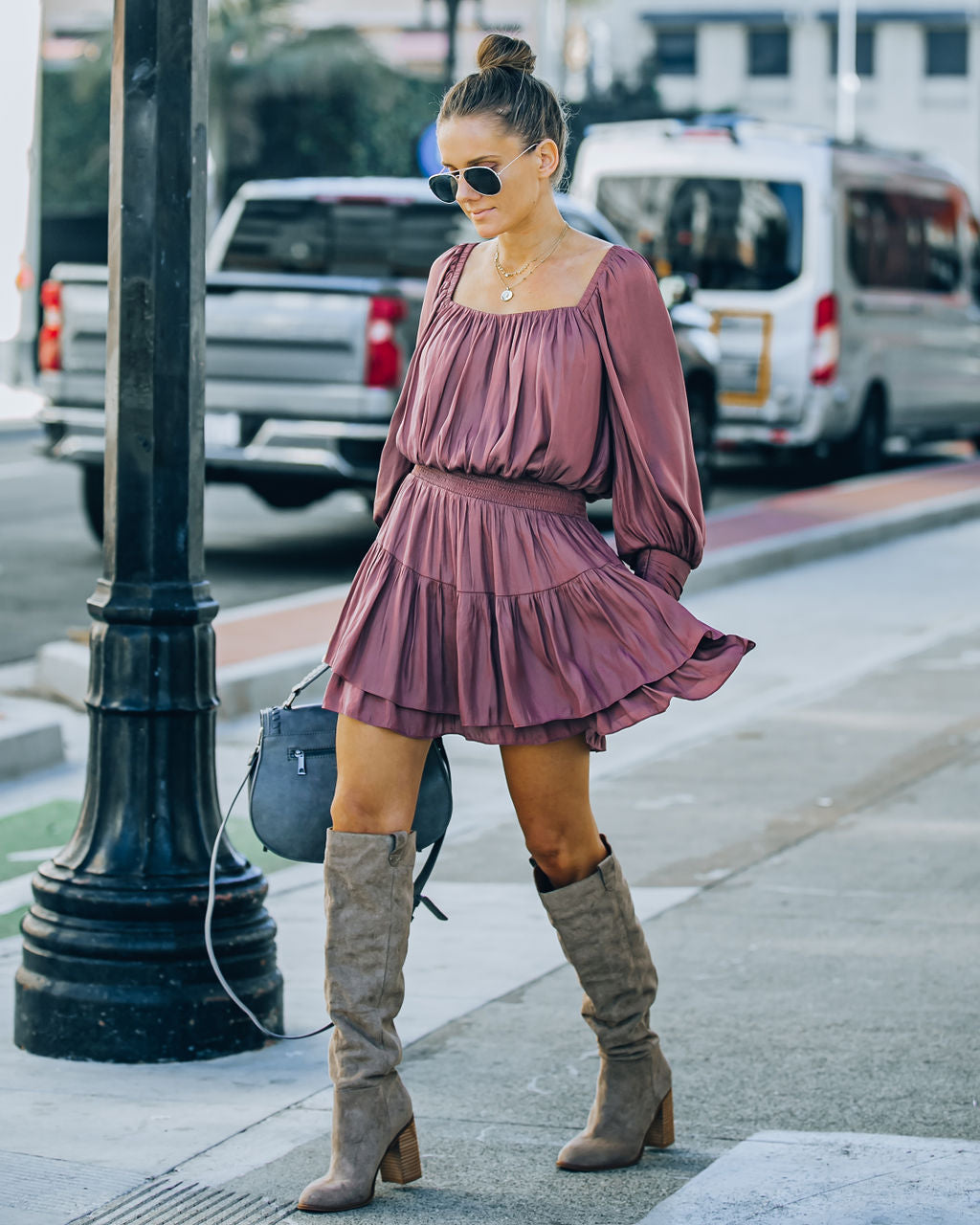 Ayla Smocked Ruffle Mini Dress - Dark Mauve - FINAL SALE