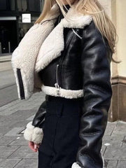 Fashion Zipper Velvet Short Leather Casual Long Sleeve Coats