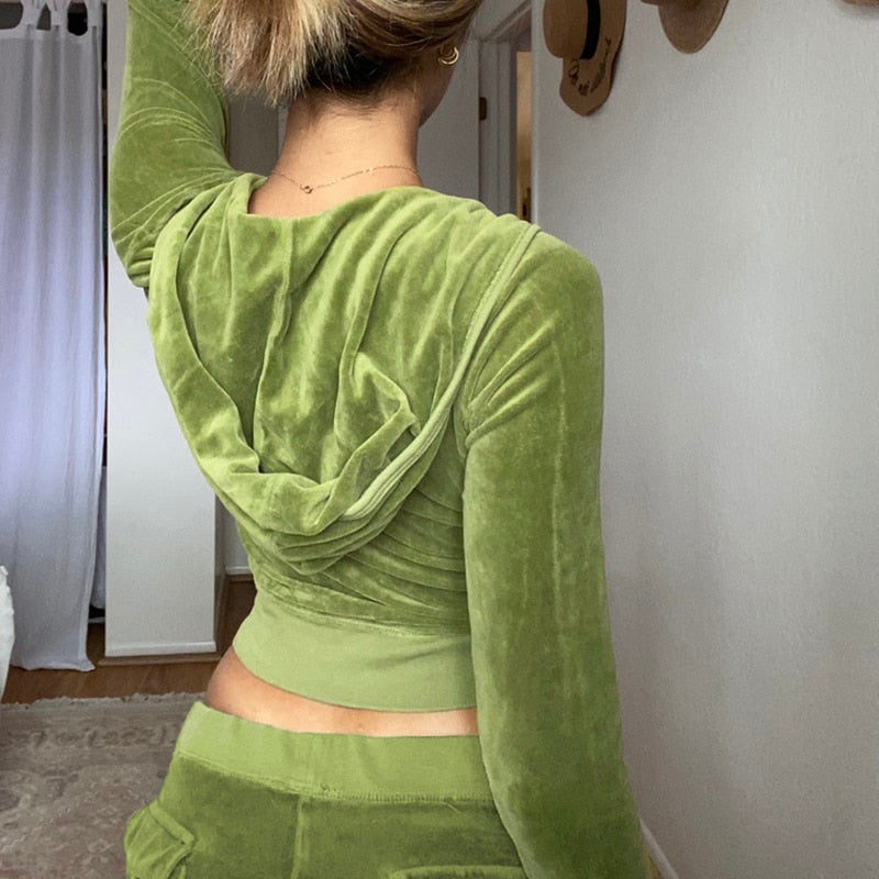 Mojoyce Vintage Fashion Green Velour Autumn Tracksuit Women Zip Up Hoodie And Pants Suits Two Piece Set Workout Solid Outfits