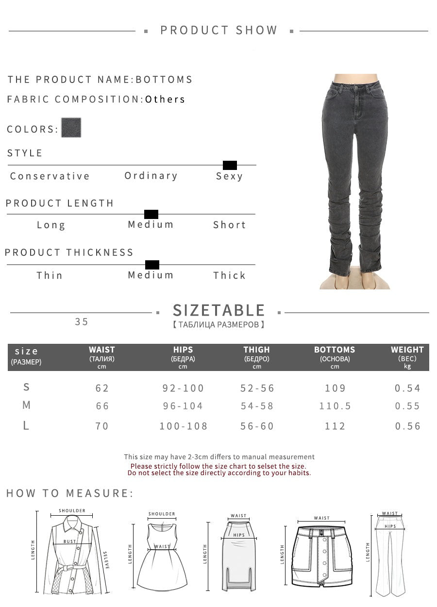 Grey Split Denim Stacked Pants Zip Up Baddie Style Streetwear Pencil Jeans For Women High Waist Bodycon Ruched Trousers