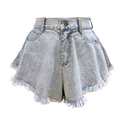 New Women Denim Shorts With Holes And High Waist Loose Tassel Jeans S-XXL