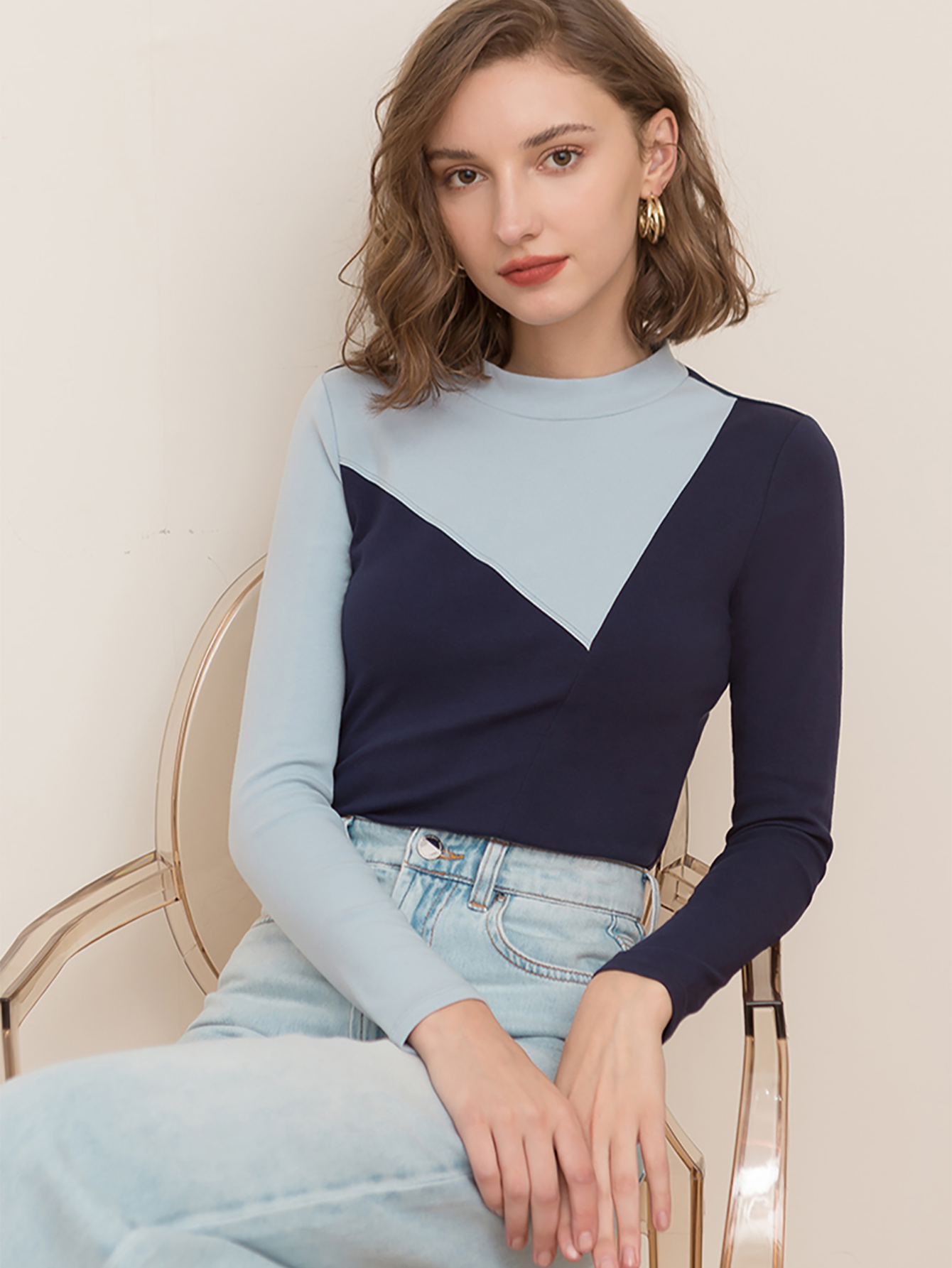 Half high neck long sleeve slim crop top