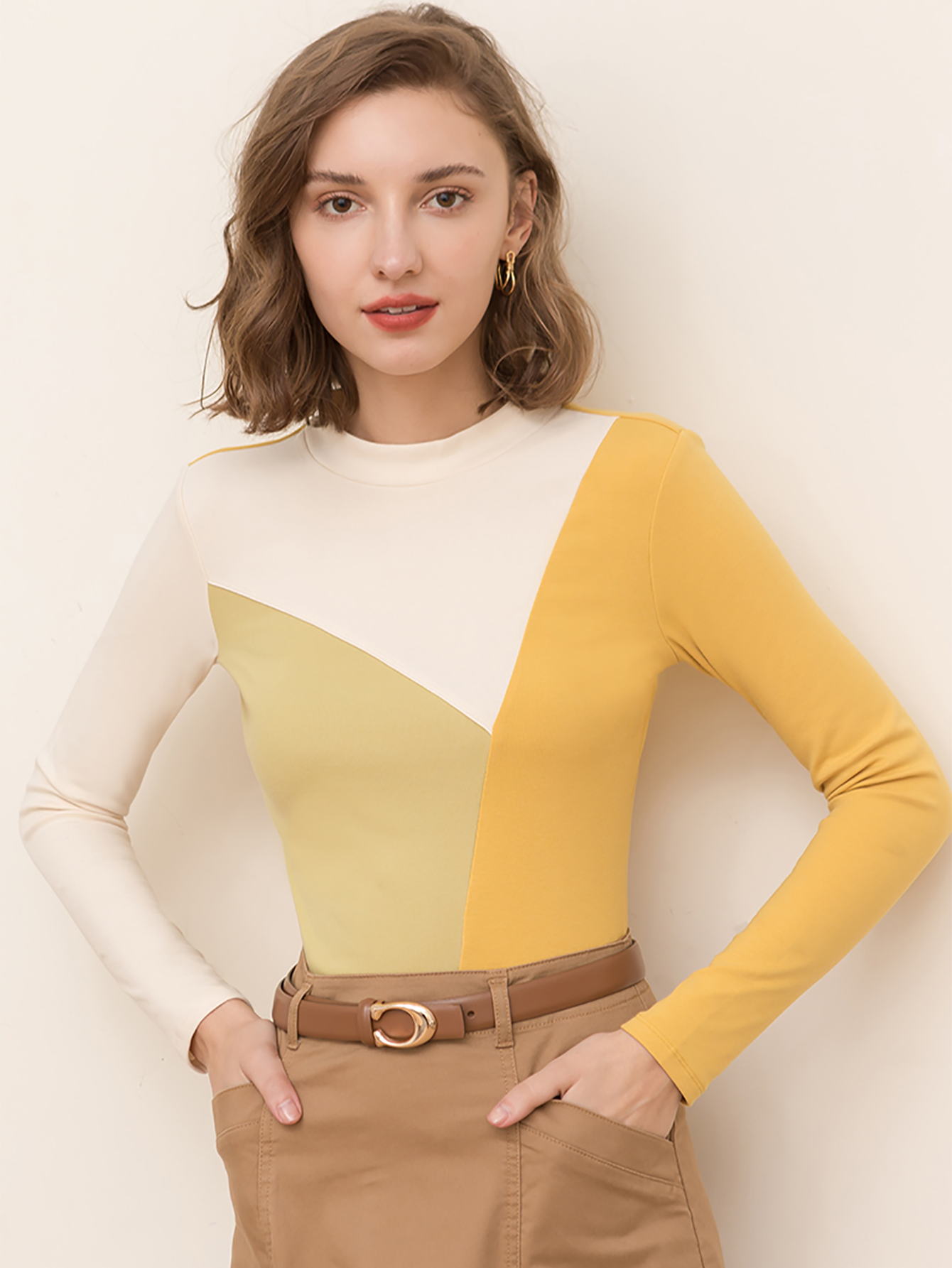 Half high neck long sleeve slim crop top