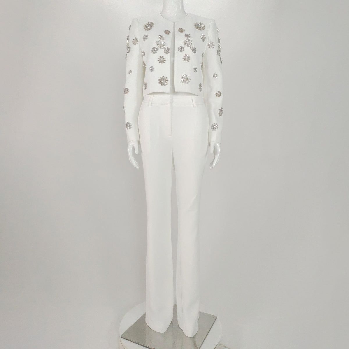 Hanna  Pearls Diamonds Rhinestone Beaded Trimmed Jacket and Flare Slit Pants Suit