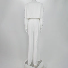 Hanna  Pearls Diamonds Rhinestone Beaded Trimmed Jacket and Flare Slit Pants Suit