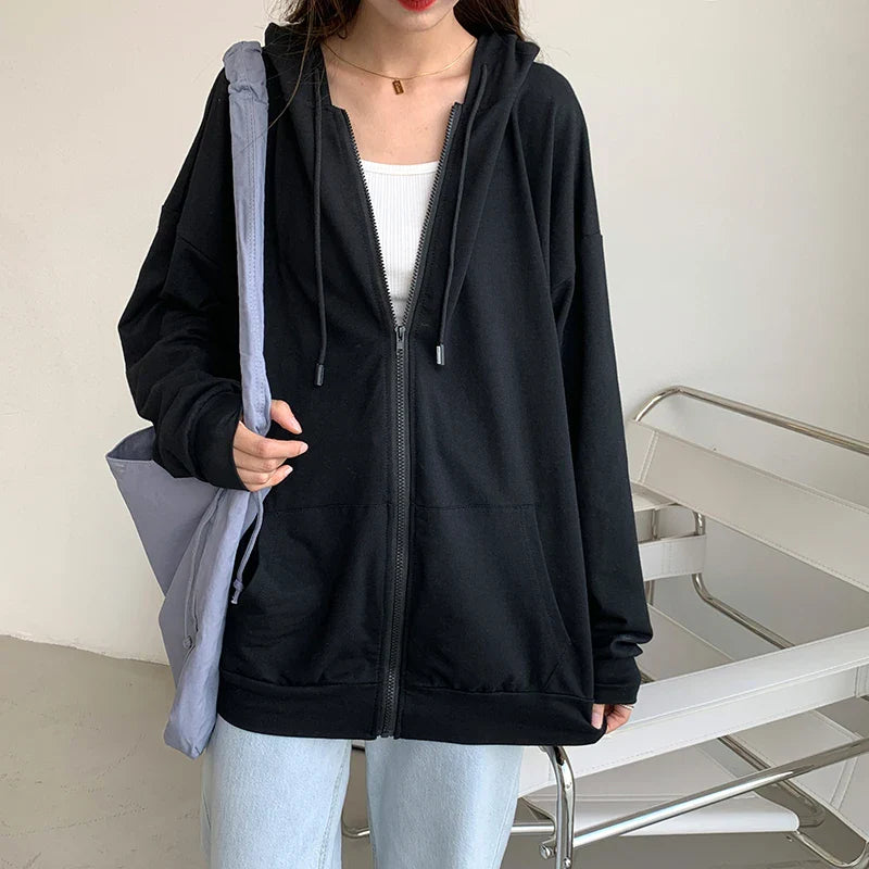 Korean Vintage Solid Oversized Long Sleeve Zip Up Hoodie