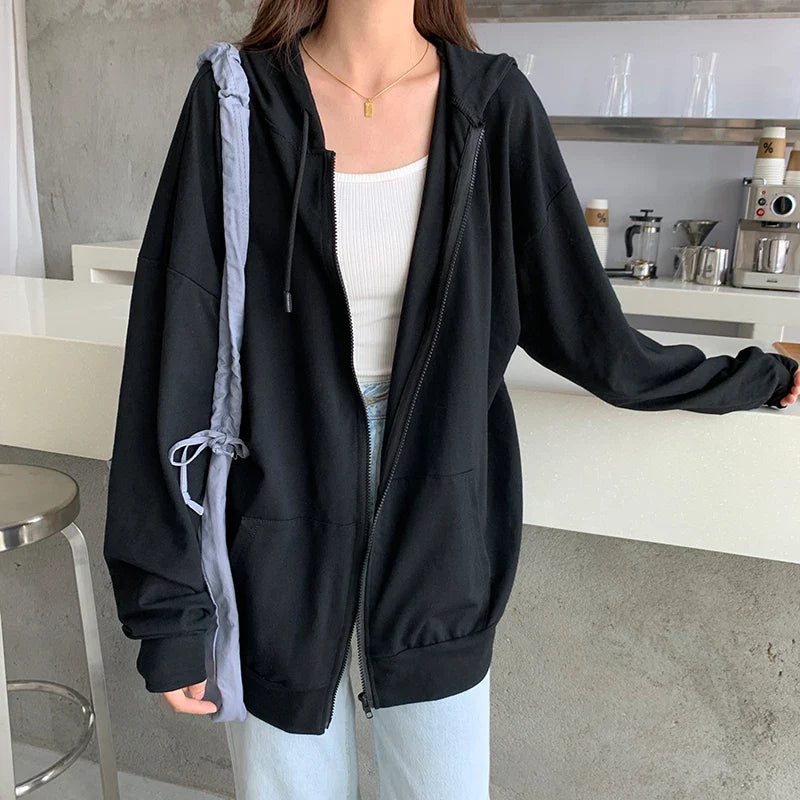 Korean Vintage Solid Oversized Long Sleeve Zip Up Hoodie