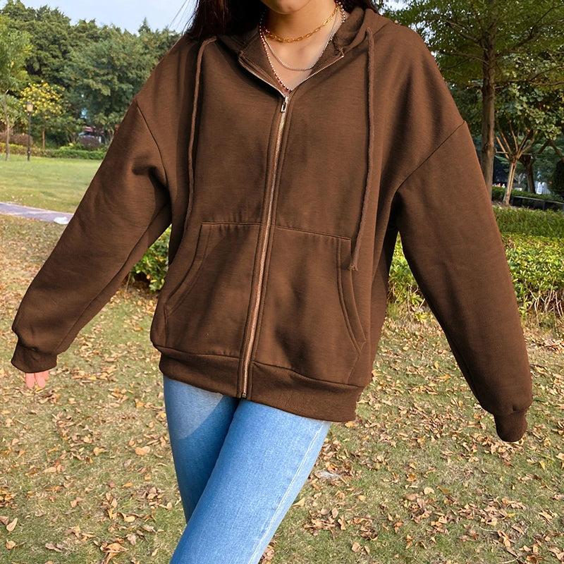 Korean Vintage Solid Oversized Long Sleeve Zip Up Hoodie