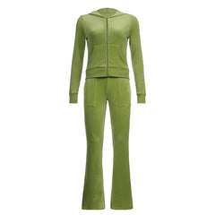 Mojoyce Vintage Fashion Green Velour Autumn Tracksuit Women Zip Up Hoodie And Pants Suits Two Piece Set Workout Solid Outfits