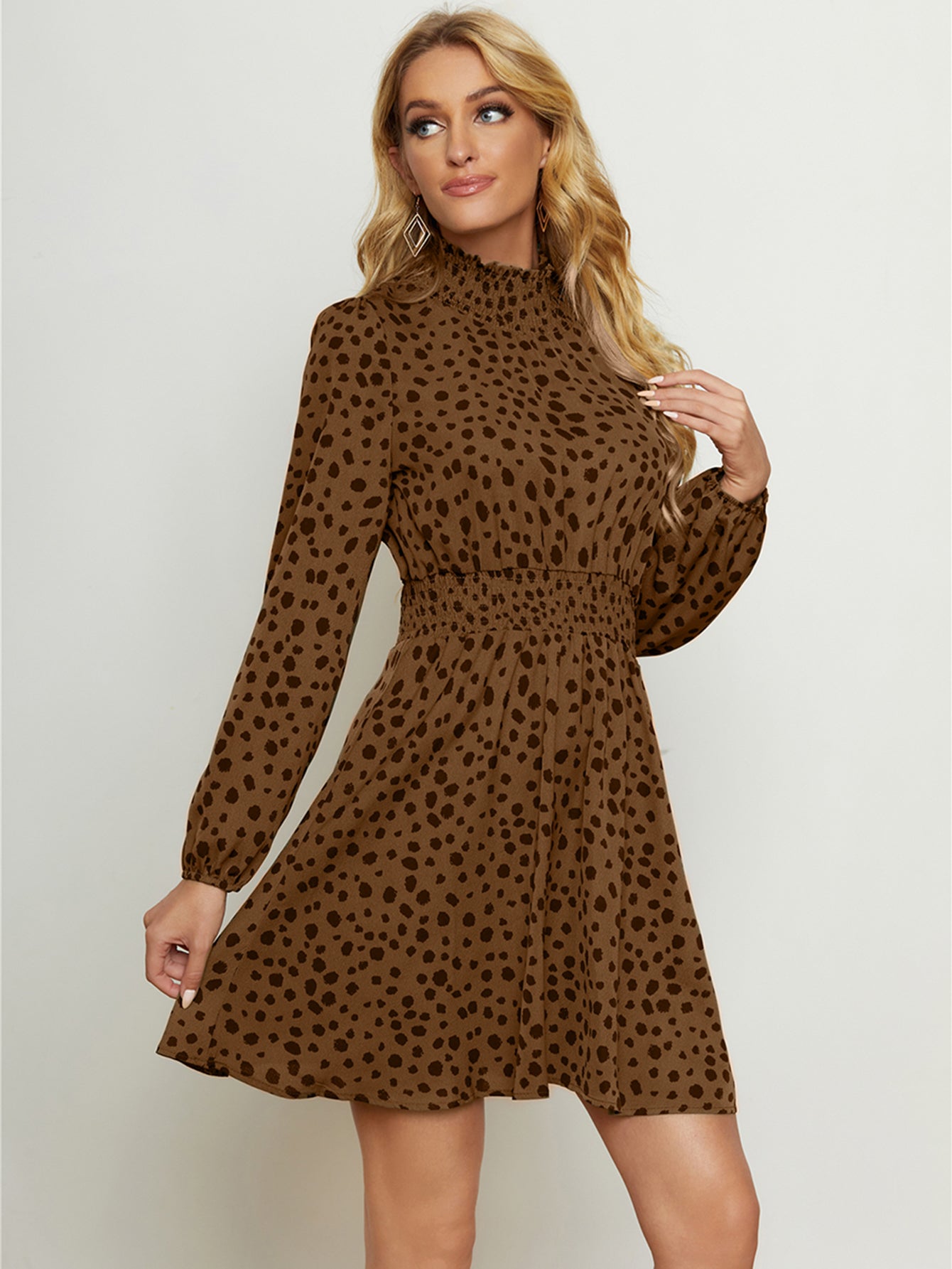 High Neck Elastic Waist Dot Print Long Sleeve Dress