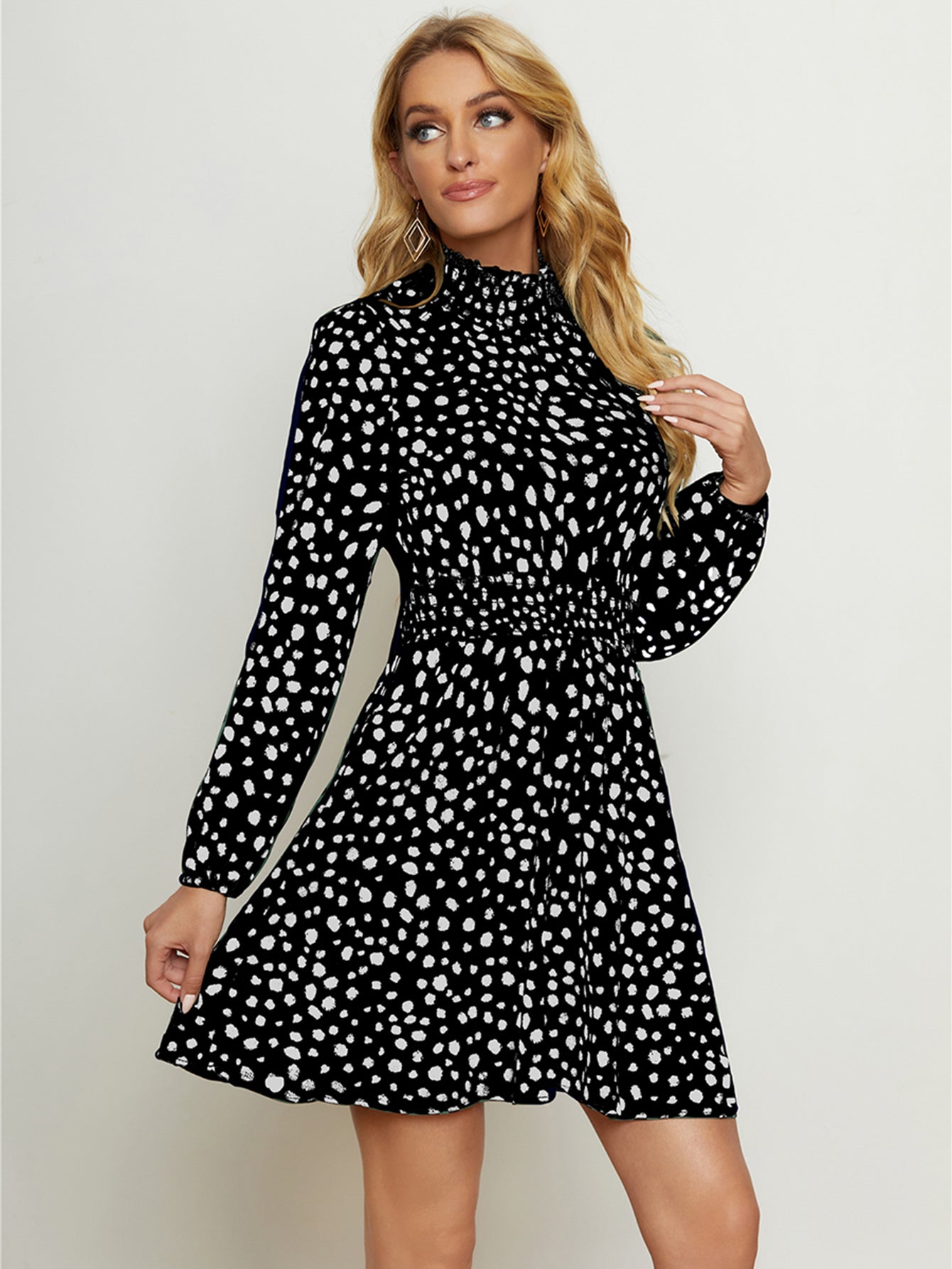 High Neck Elastic Waist Dot Print Long Sleeve Dress