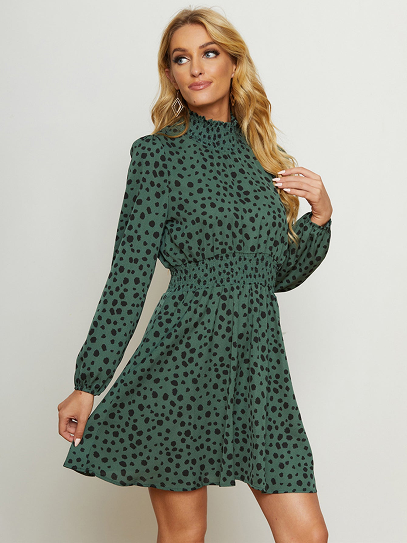 High Neck Elastic Waist Dot Print Long Sleeve Dress