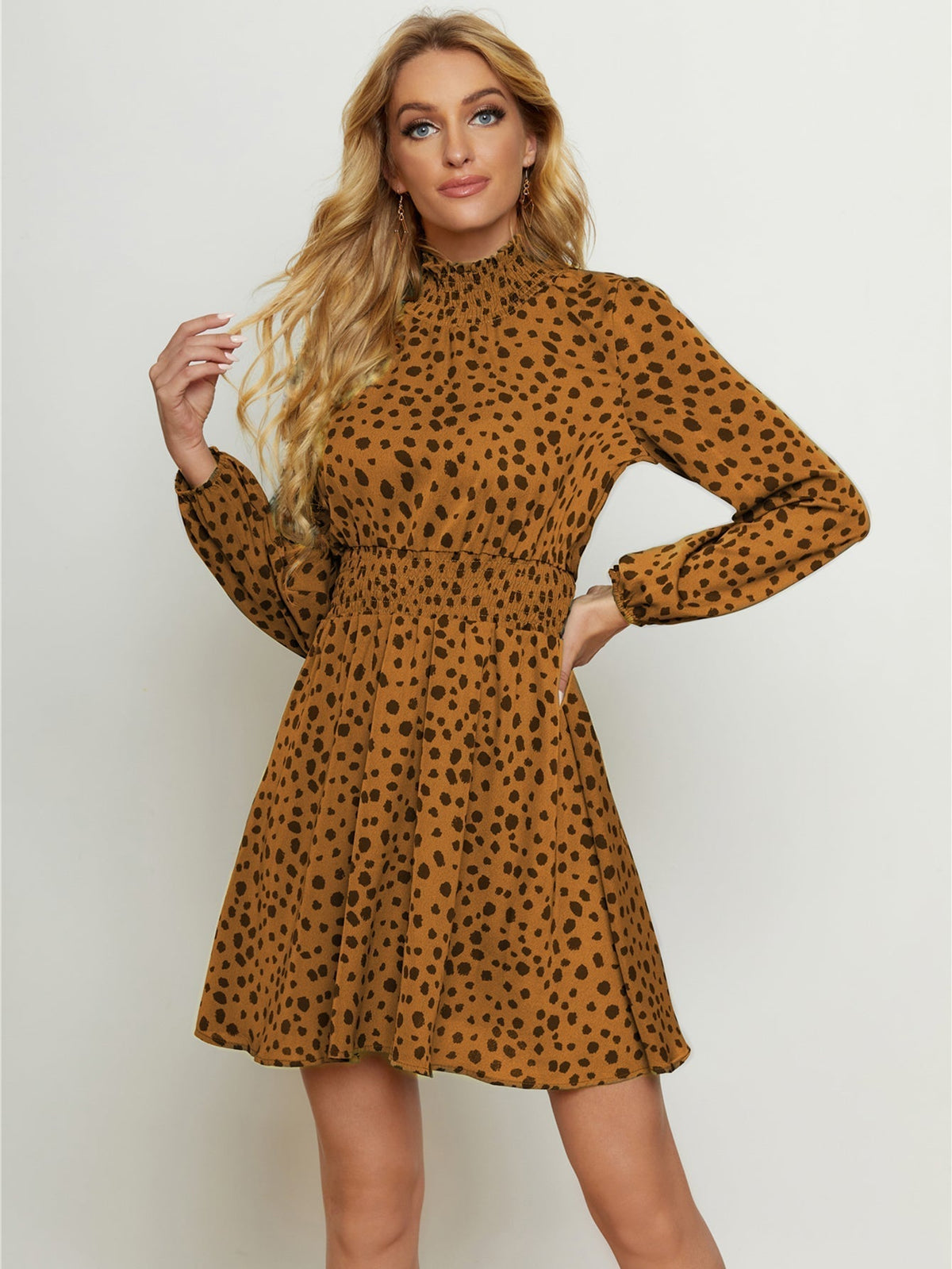 High Neck Elastic Waist Dot Print Long Sleeve Dress