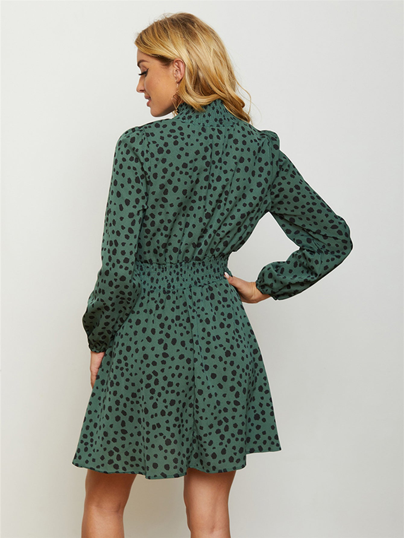 High Neck Elastic Waist Dot Print Long Sleeve Dress