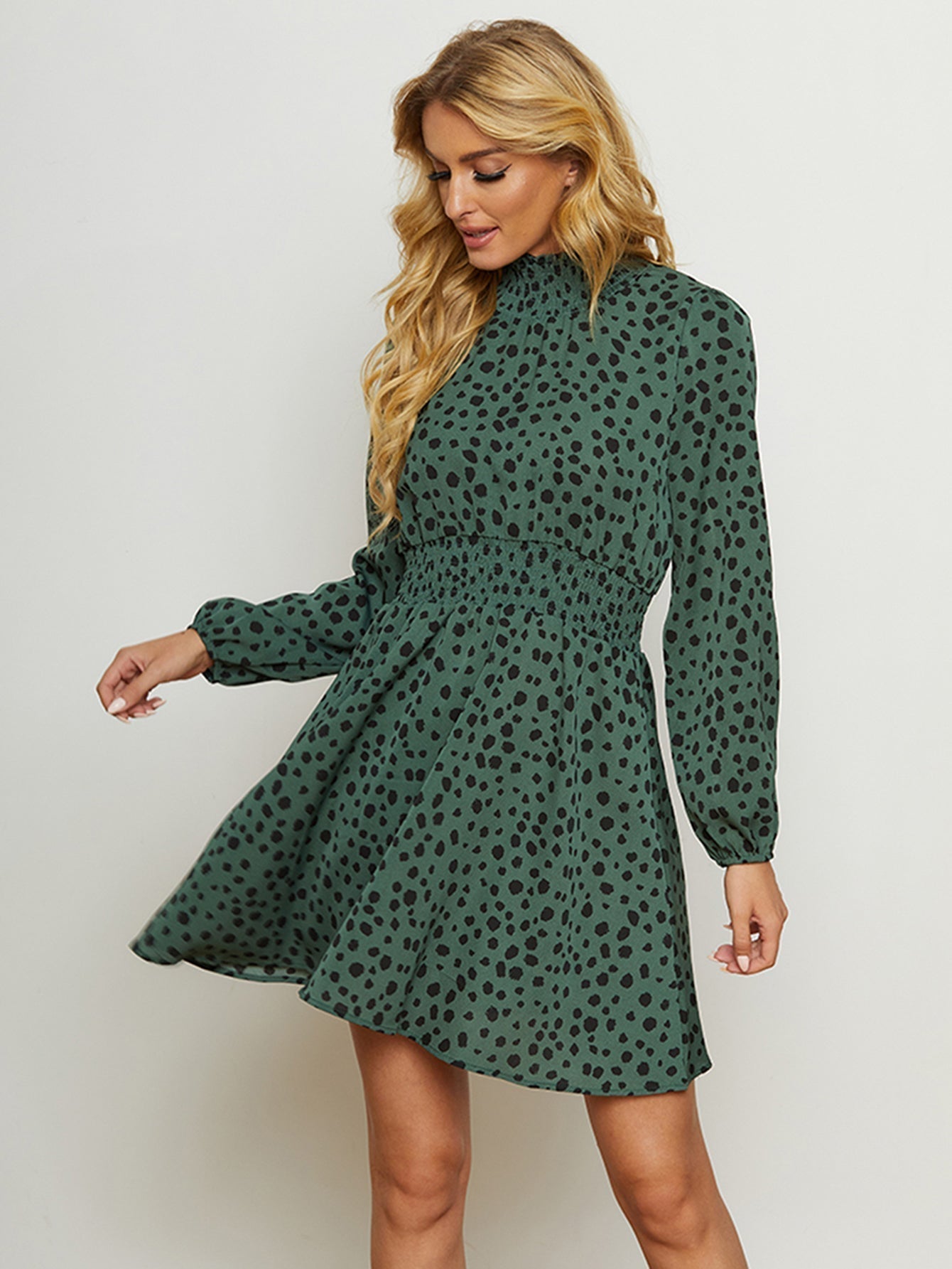 High Neck Elastic Waist Dot Print Long Sleeve Dress