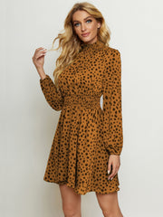 High Neck Elastic Waist Dot Print Long Sleeve Dress