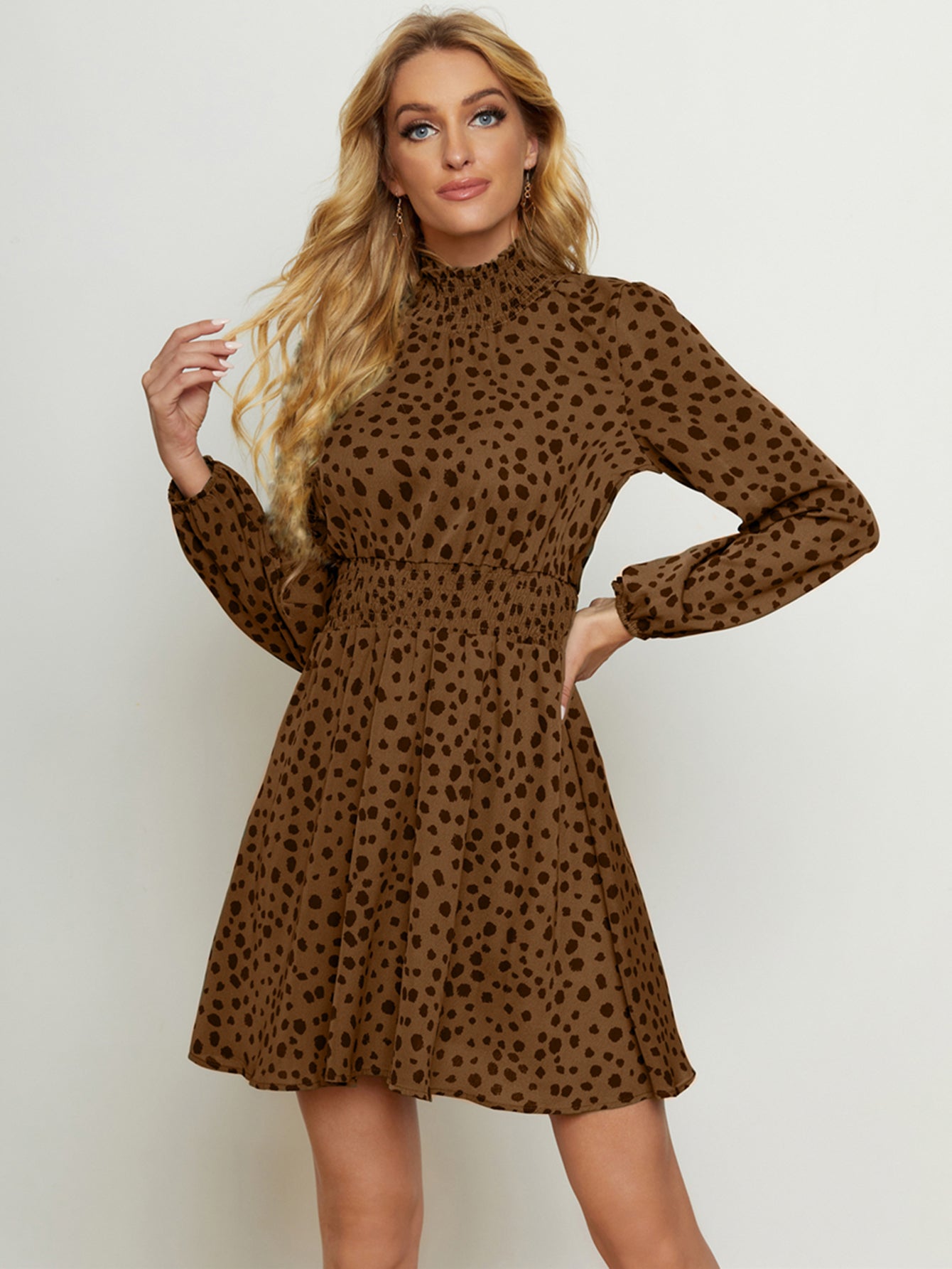 High Neck Elastic Waist Dot Print Long Sleeve Dress