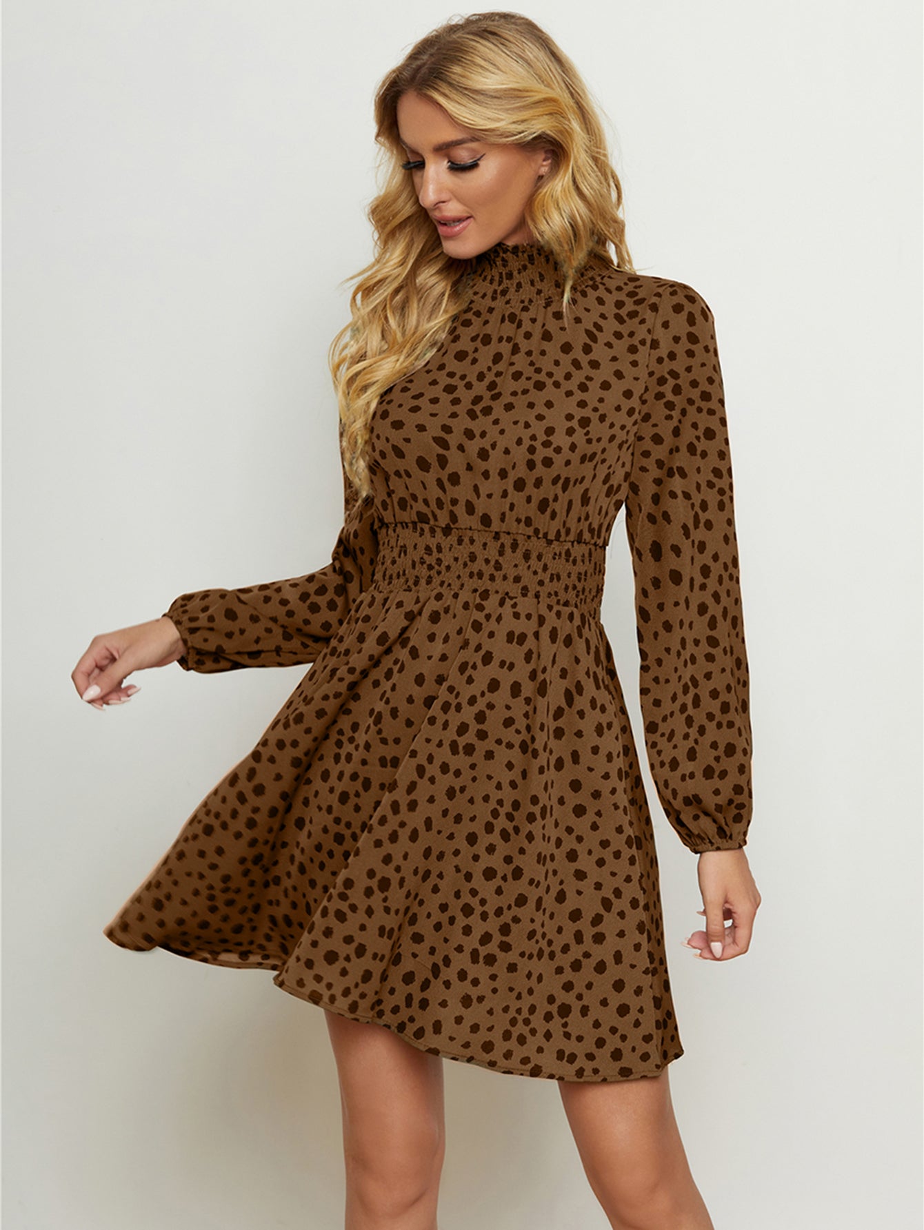 High Neck Elastic Waist Dot Print Long Sleeve Dress