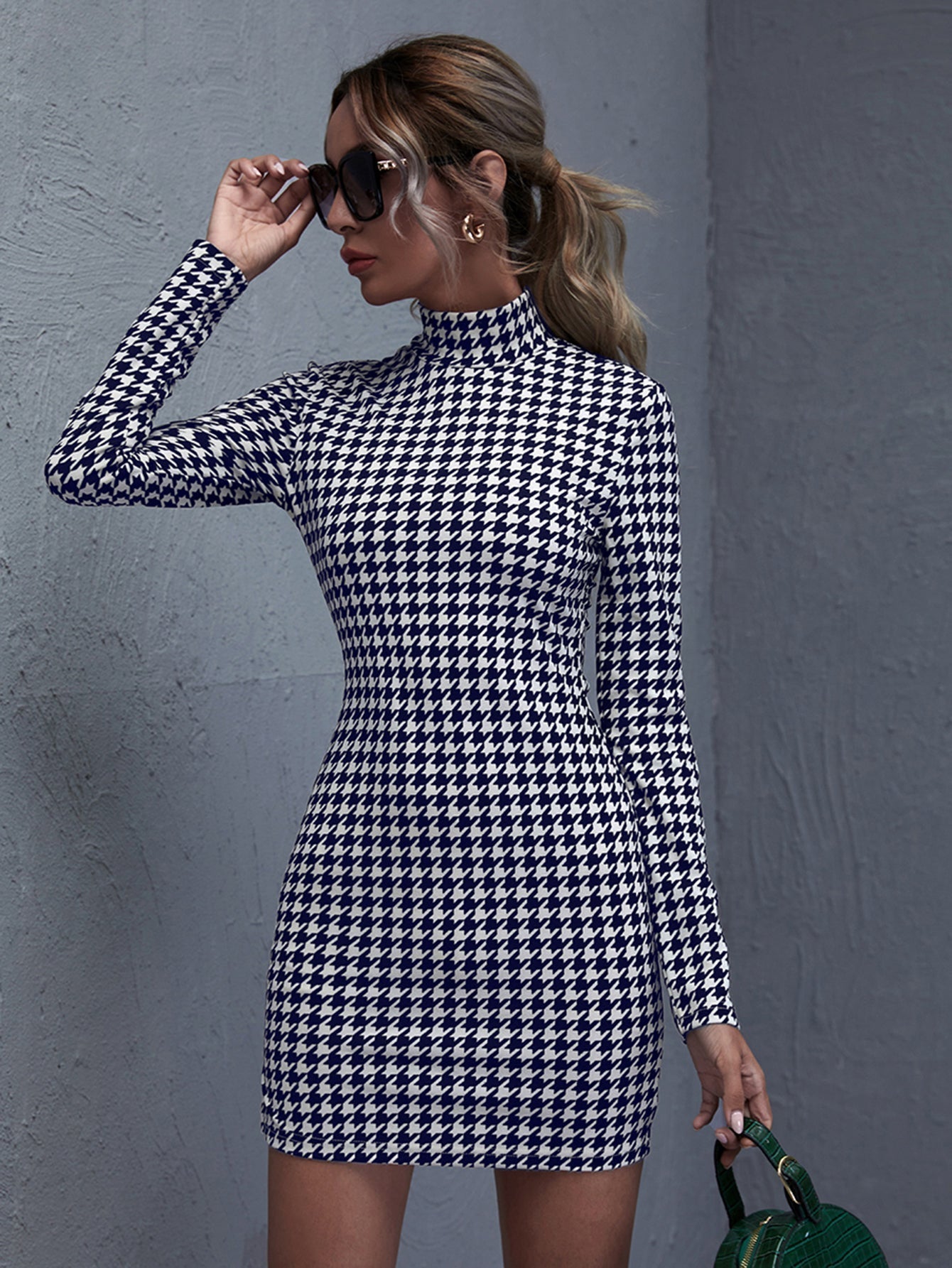 High Neck Gingham Print Split Bodycon Dress