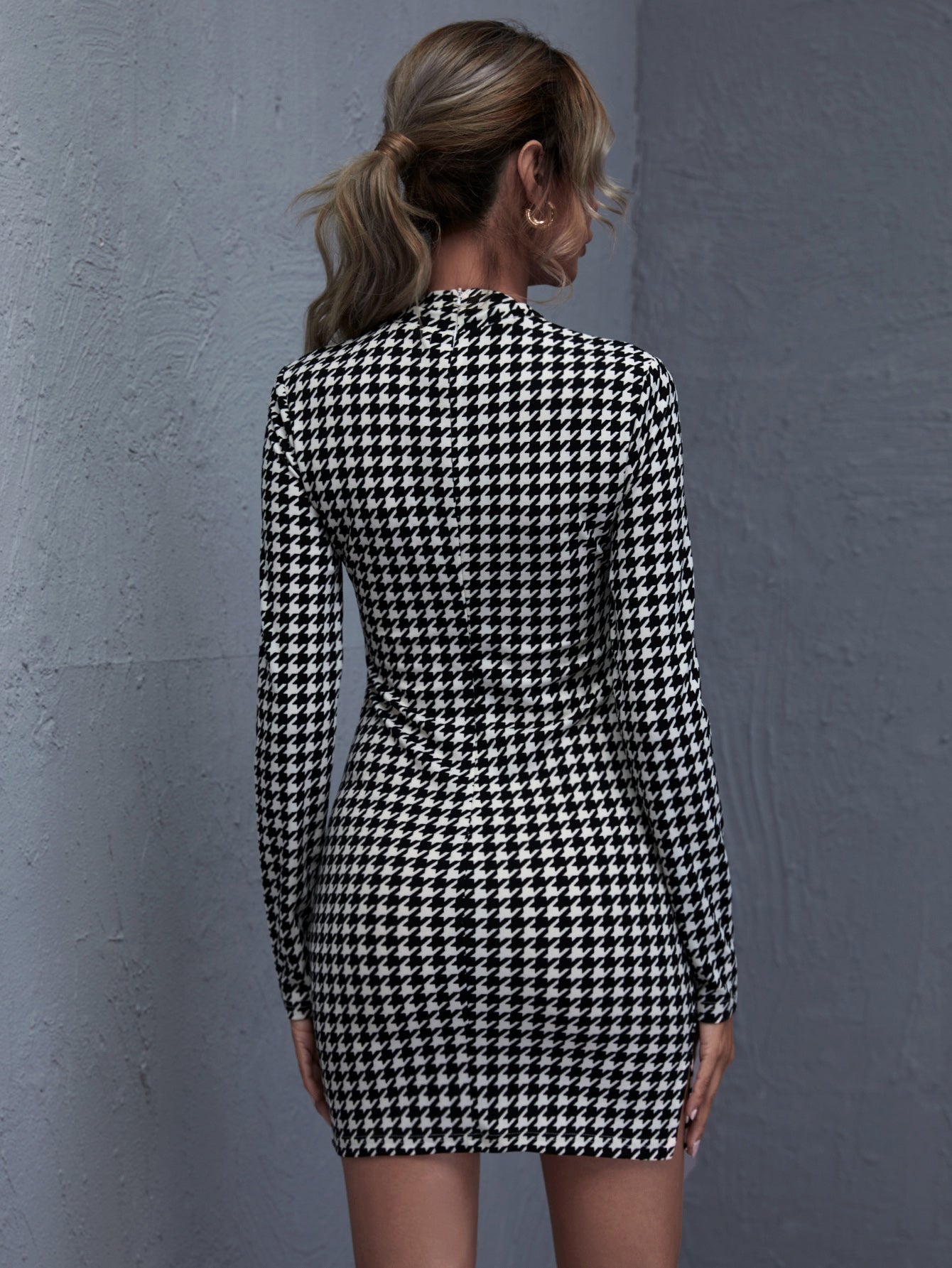 High Neck Gingham Print Split Bodycon Dress