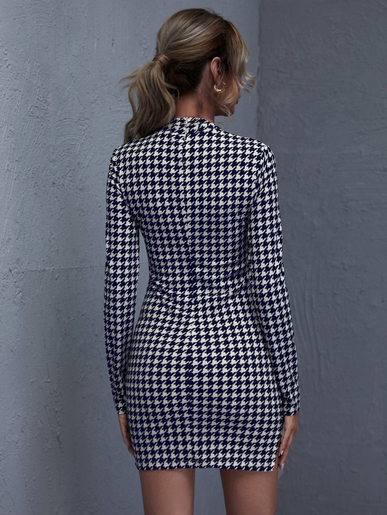 High Neck Gingham Print Split Bodycon Dress