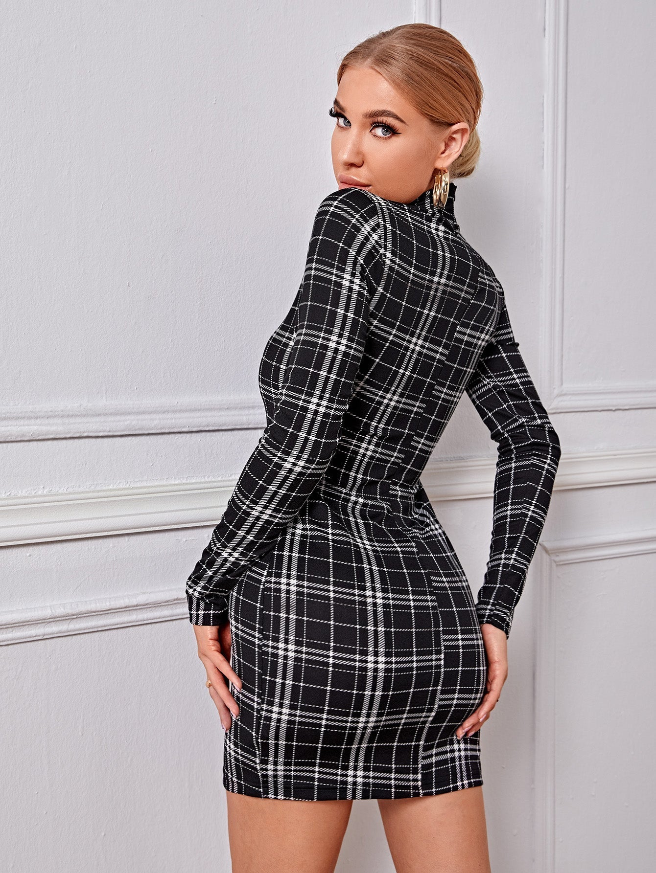 High Neck Gingham Print Split Bodycon Dress