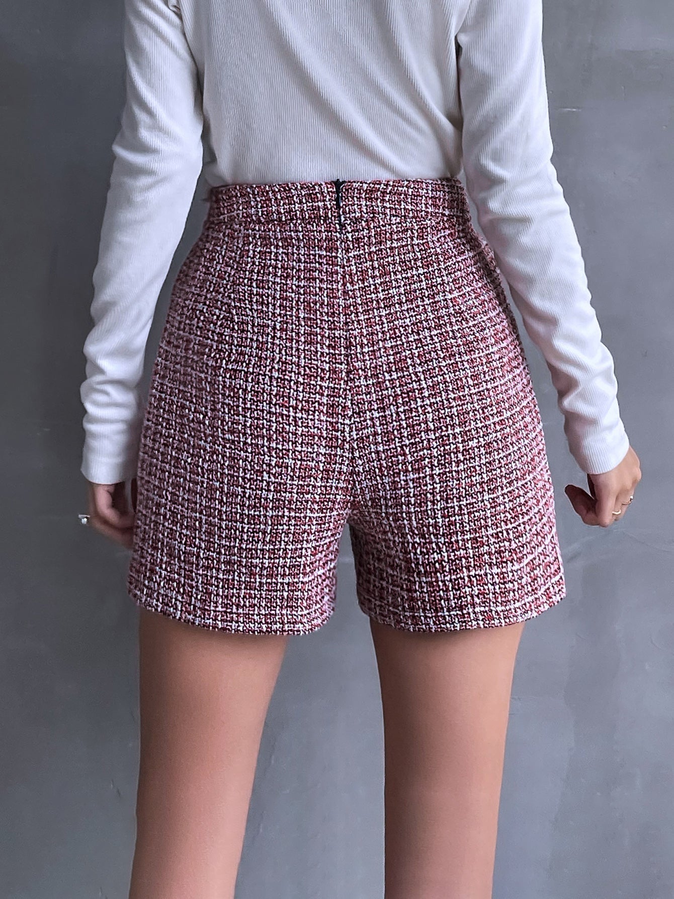 High Waist Button Detail Zip Back Gingham Tweed Shorts